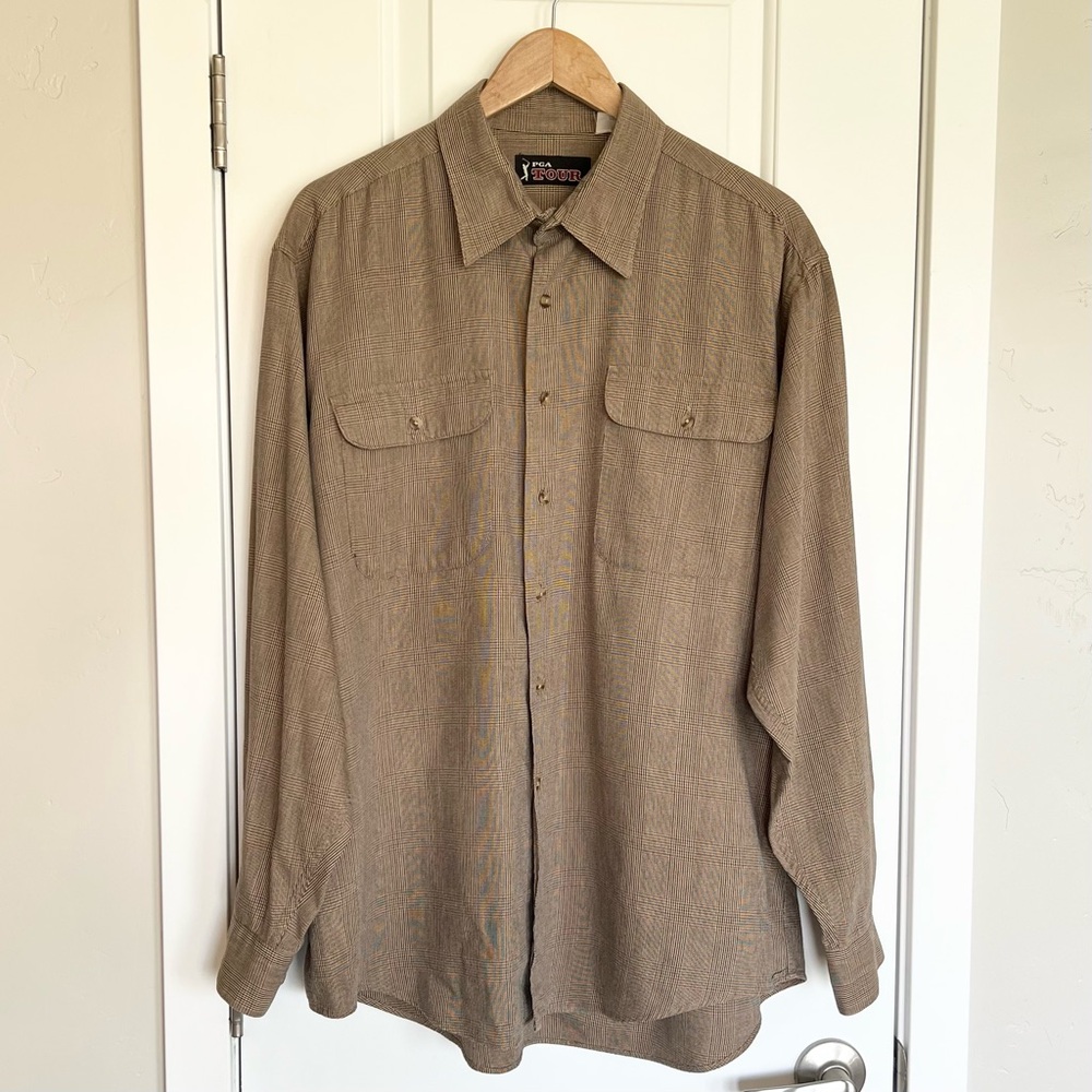 PGA Tour brown houndstooth plaid button up shirt Men’s plaid collared shirt